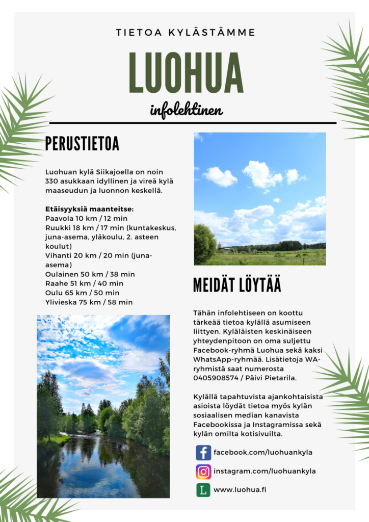 Luohuan kylän infolehtinen. Luettavissa Luohuan kylän Facebook sivuilla.